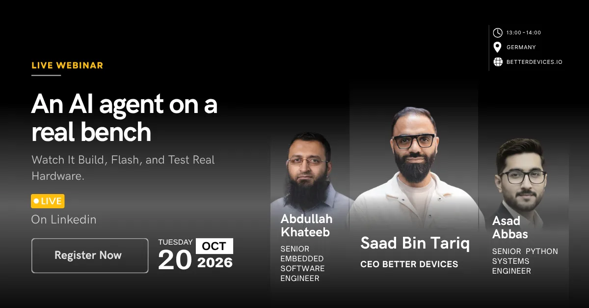Live webinar: An AI agent on a real bench. Tuesday 20 October 2026, 13:00 to 14:00, with Saad Bin Tariq, Abdullah Khateeb and Asad Abbas.